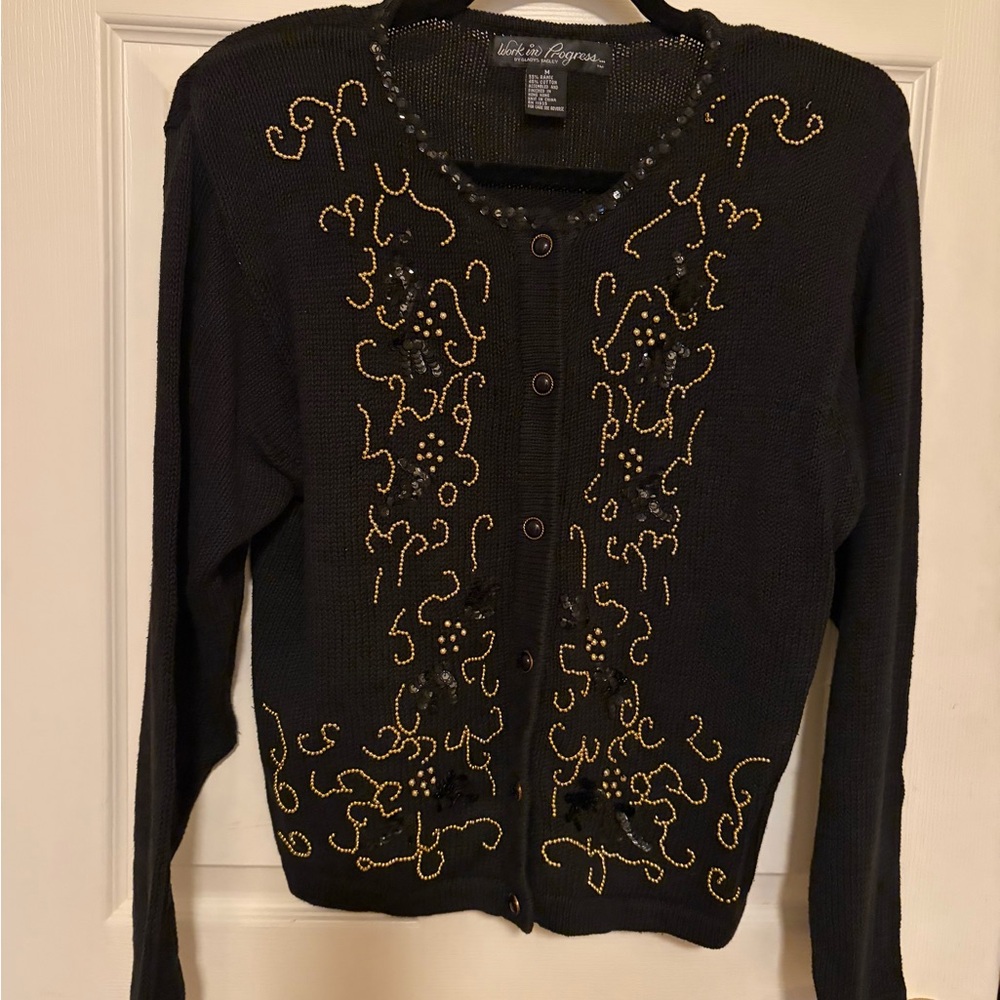 Chic Vintage Black Cardigan with Gold Embroidery